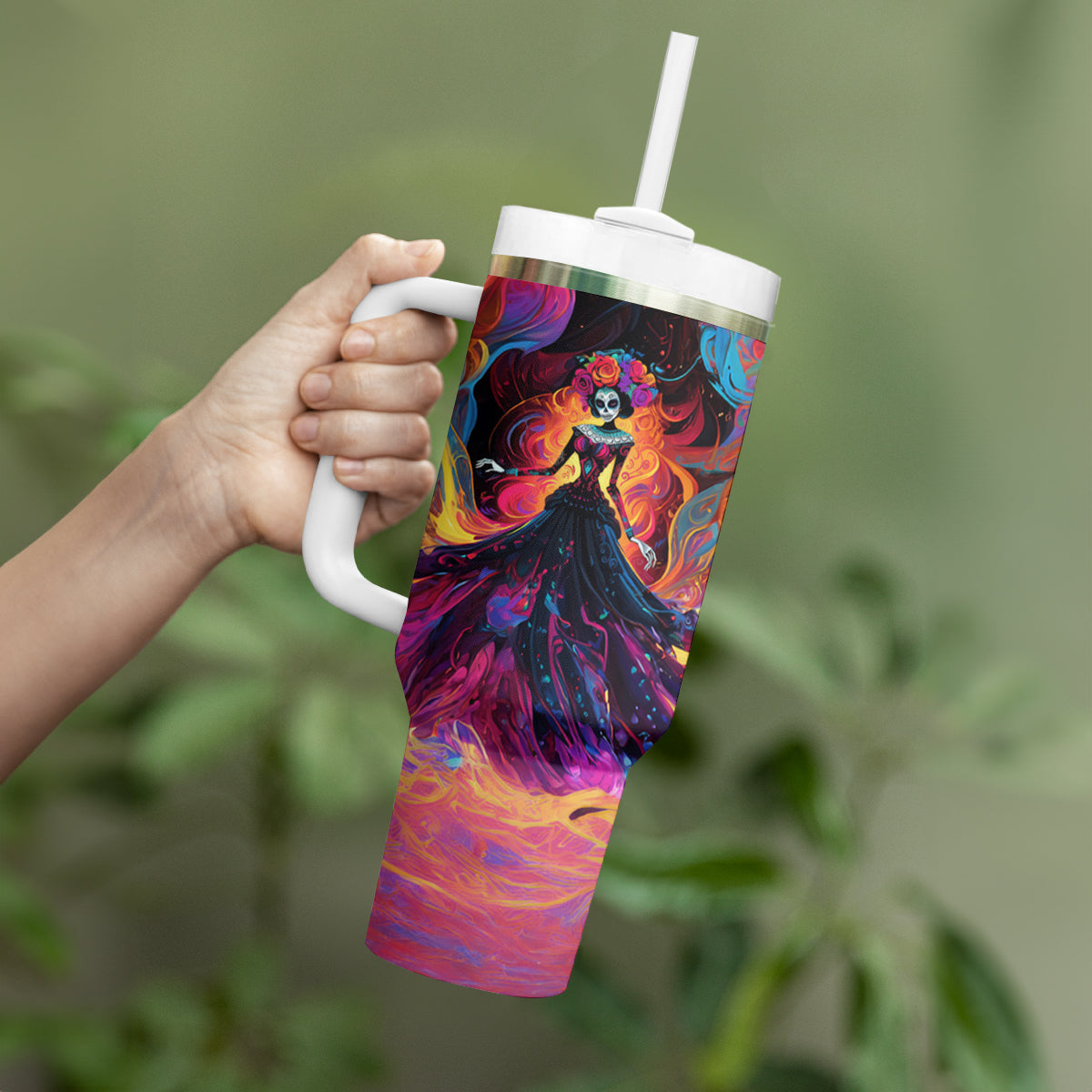 Day of Dead Lady Tumbler With Handle Sugar Skull Flame Lady - Wonder Print Shop
