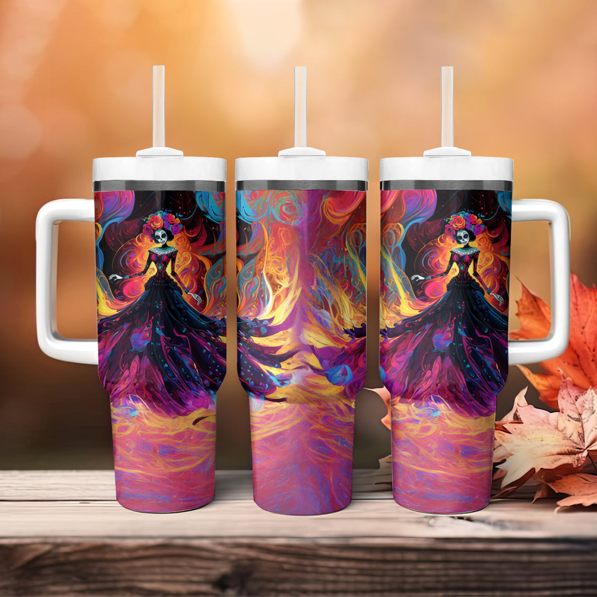Day of Dead Lady Tumbler With Handle Sugar Skull Flame Lady - Wonder Print Shop