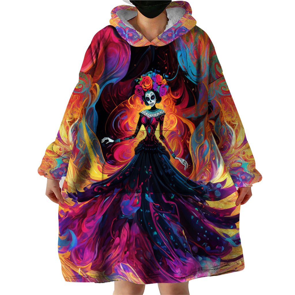 Day of Dead Lady Wearable Blanket Hoodie Sugar Skull Flame Lady - Wonder Print Shop