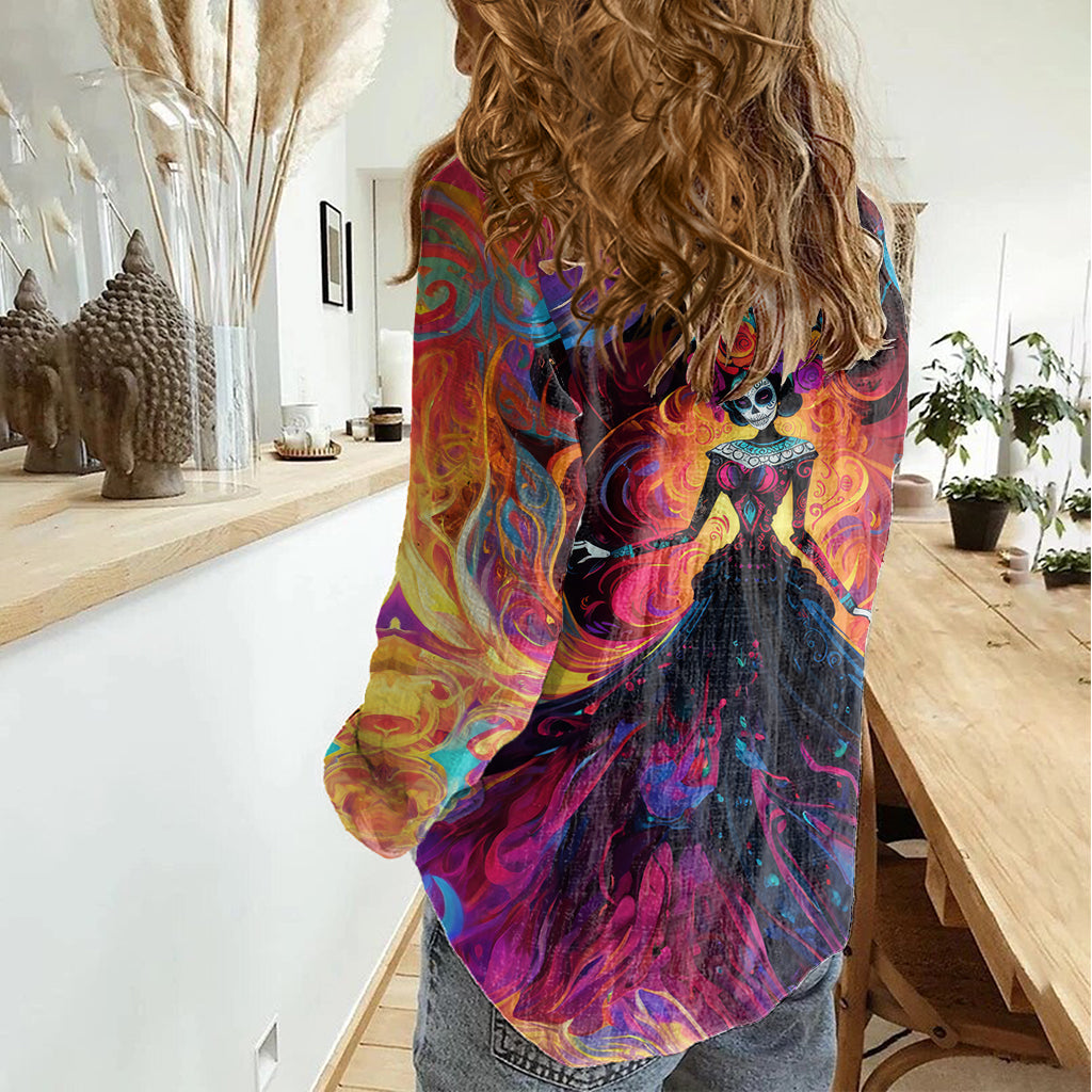 Day of Dead Lady Women Casual Shirt Sugar Skull Flame Lady - Wonder Print Shop