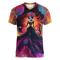Day of Dead Lady Women V Neck T Shirt Sugar Skull Flame Lady - Wonder Print Shop