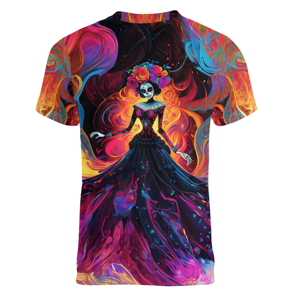 Day of Dead Lady Women V Neck T Shirt Sugar Skull Flame Lady - Wonder Print Shop