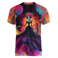 Day of Dead Lady Women V Neck T Shirt Sugar Skull Flame Lady - Wonder Print Shop