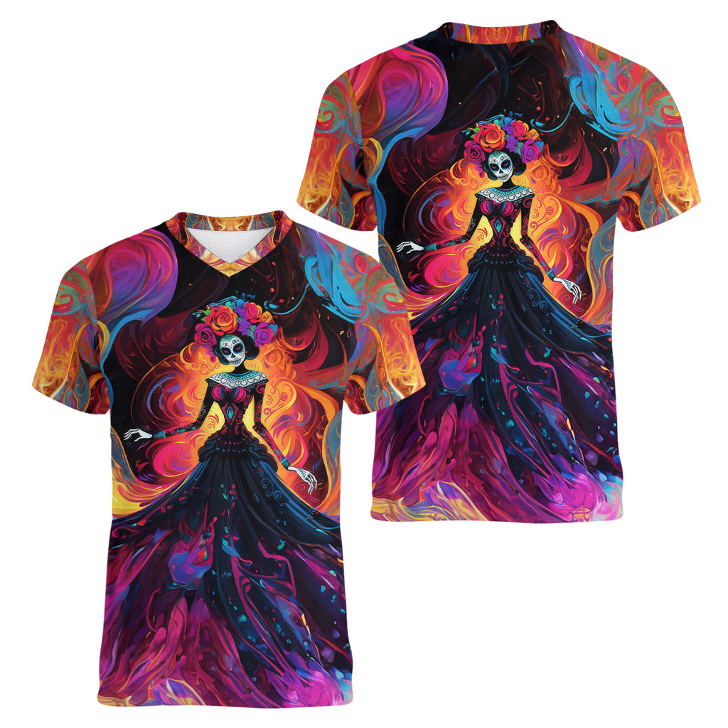 Day of Dead Lady Women V Neck T Shirt Sugar Skull Flame Lady - Wonder Print Shop