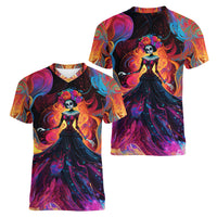 Day of Dead Lady Women V Neck T Shirt Sugar Skull Flame Lady - Wonder Print Shop