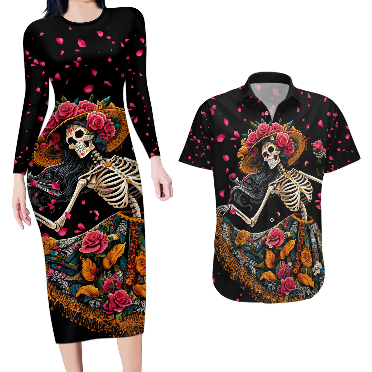 Day of Dead Lady Couples Matching Long Sleeve Bodycon Dress and Hawaiian Shirt Sugar Skull Lady Dancing - Wonder Print Shop