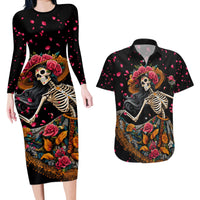 Day of Dead Lady Couples Matching Long Sleeve Bodycon Dress and Hawaiian Shirt Sugar Skull Lady Dancing - Wonder Print Shop