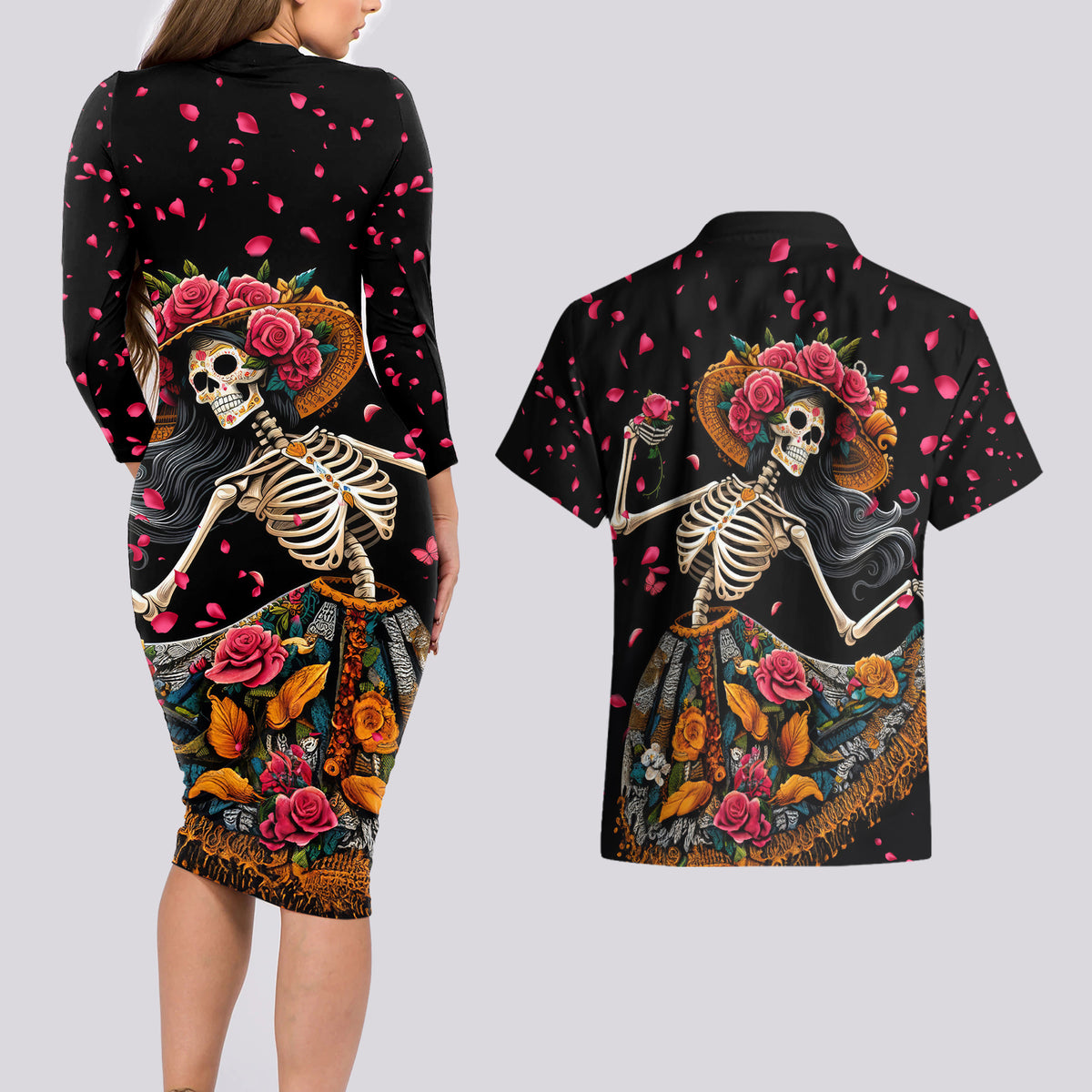 Day of Dead Lady Couples Matching Long Sleeve Bodycon Dress and Hawaiian Shirt Sugar Skull Lady Dancing - Wonder Print Shop