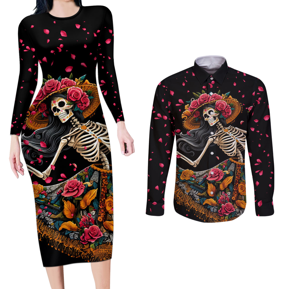Day of Dead Lady Couples Matching Long Sleeve Bodycon Dress and Long Sleeve Button Shirt Sugar Skull Lady Dancing - Wonder Print Shop