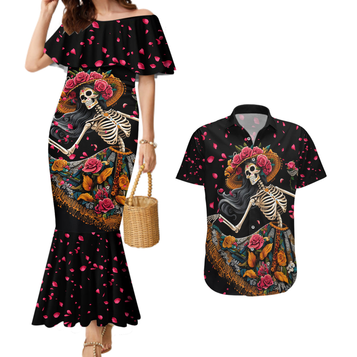 Day of Dead Lady Couples Matching Mermaid Dress and Hawaiian Shirt Sugar Skull Lady Dancing - Wonder Print Shop