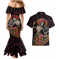 Day of Dead Lady Couples Matching Mermaid Dress and Hawaiian Shirt Sugar Skull Lady Dancing - Wonder Print Shop