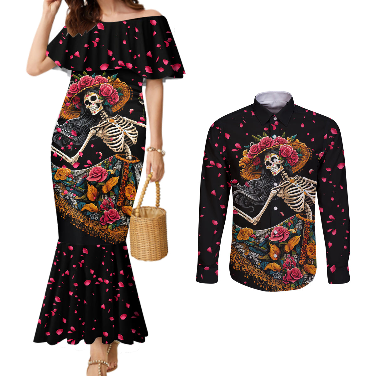 day-of-dead-lady-couples-matching-mermaid-dress-and-long-sleeve-button-shirt-sugar-skull-lady-dancing