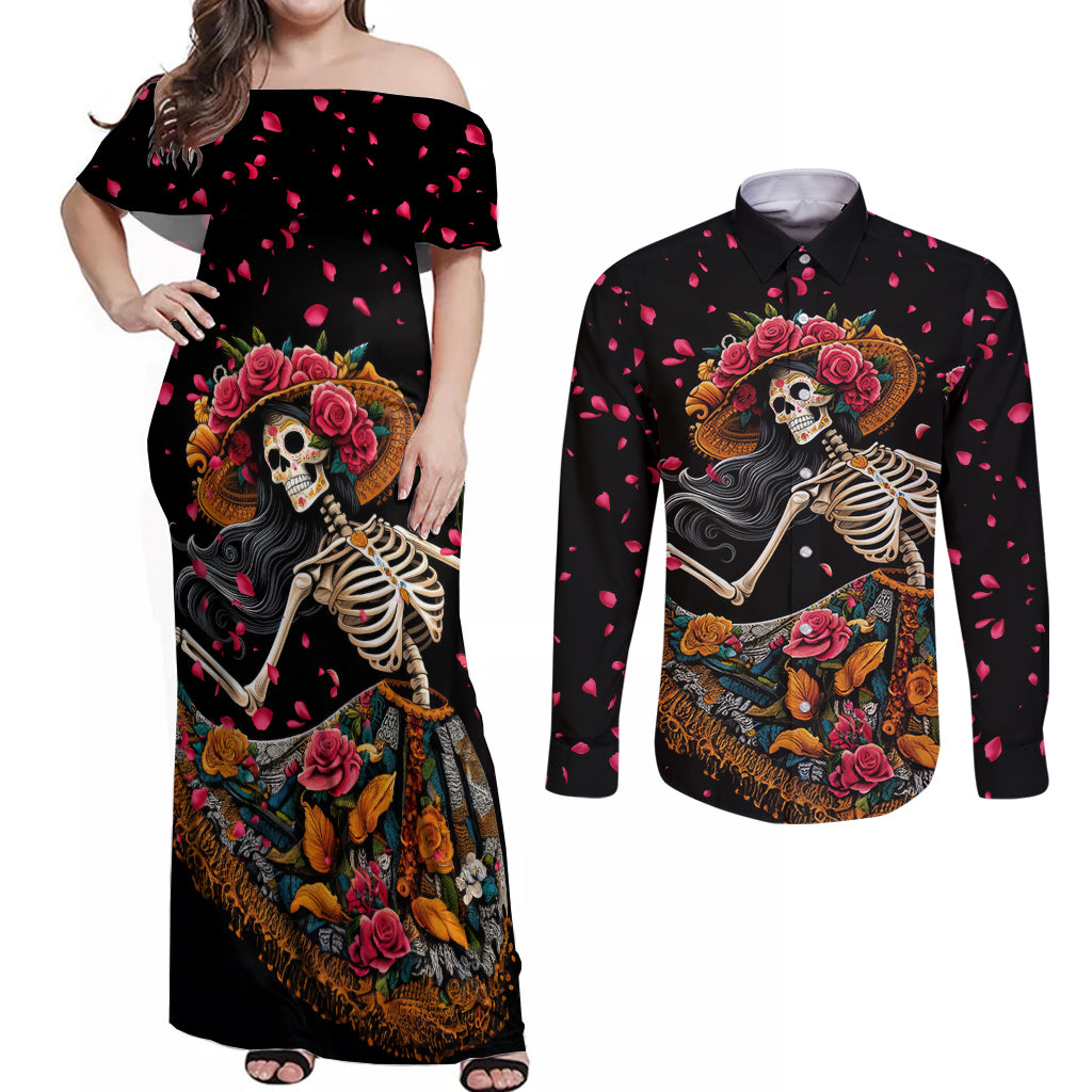 Day of Dead Lady Couples Matching Off Shoulder Maxi Dress and Long Sleeve Button Shirt Sugar Skull Lady Dancing - Wonder Print Shop