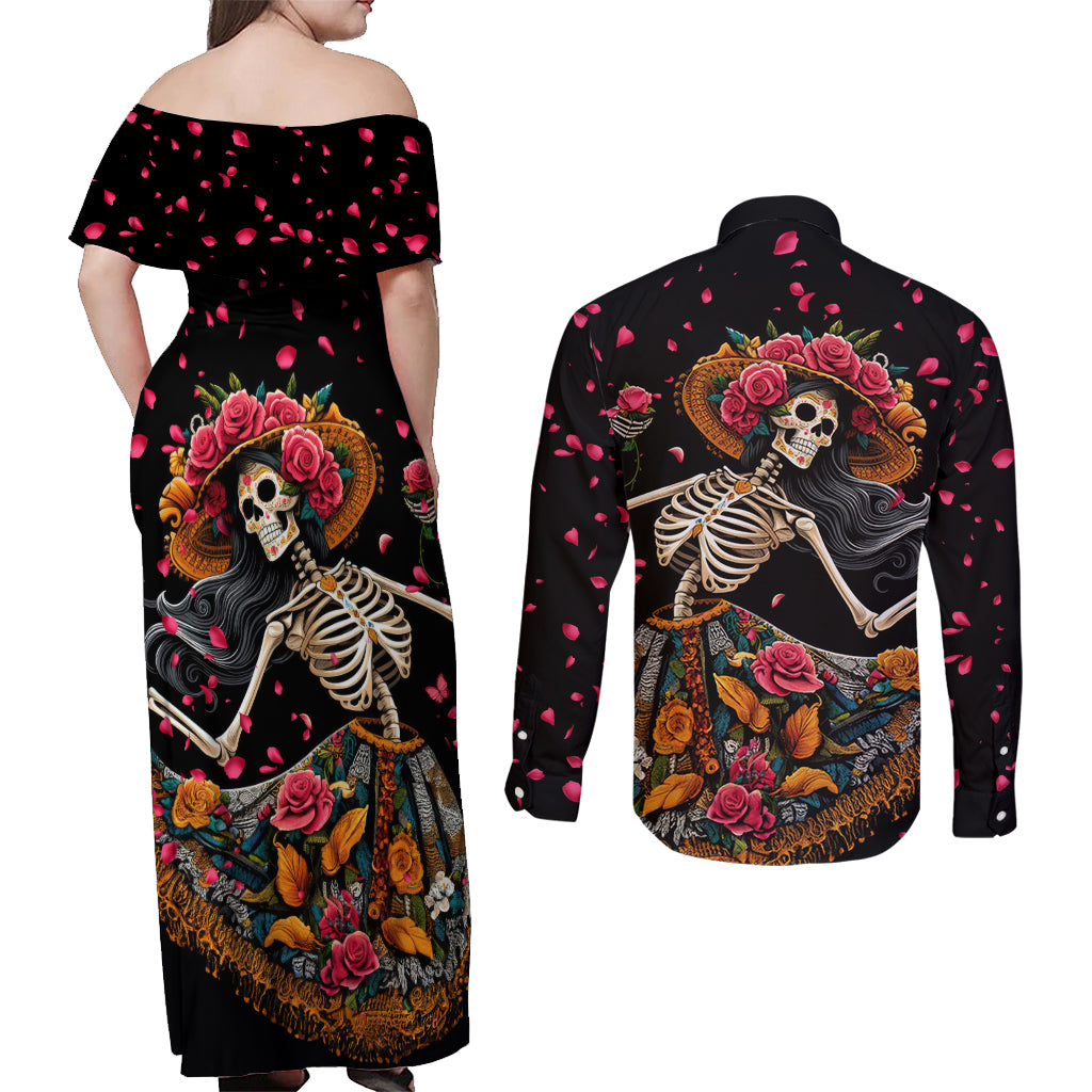 Day of Dead Lady Couples Matching Off Shoulder Maxi Dress and Long Sleeve Button Shirt Sugar Skull Lady Dancing - Wonder Print Shop