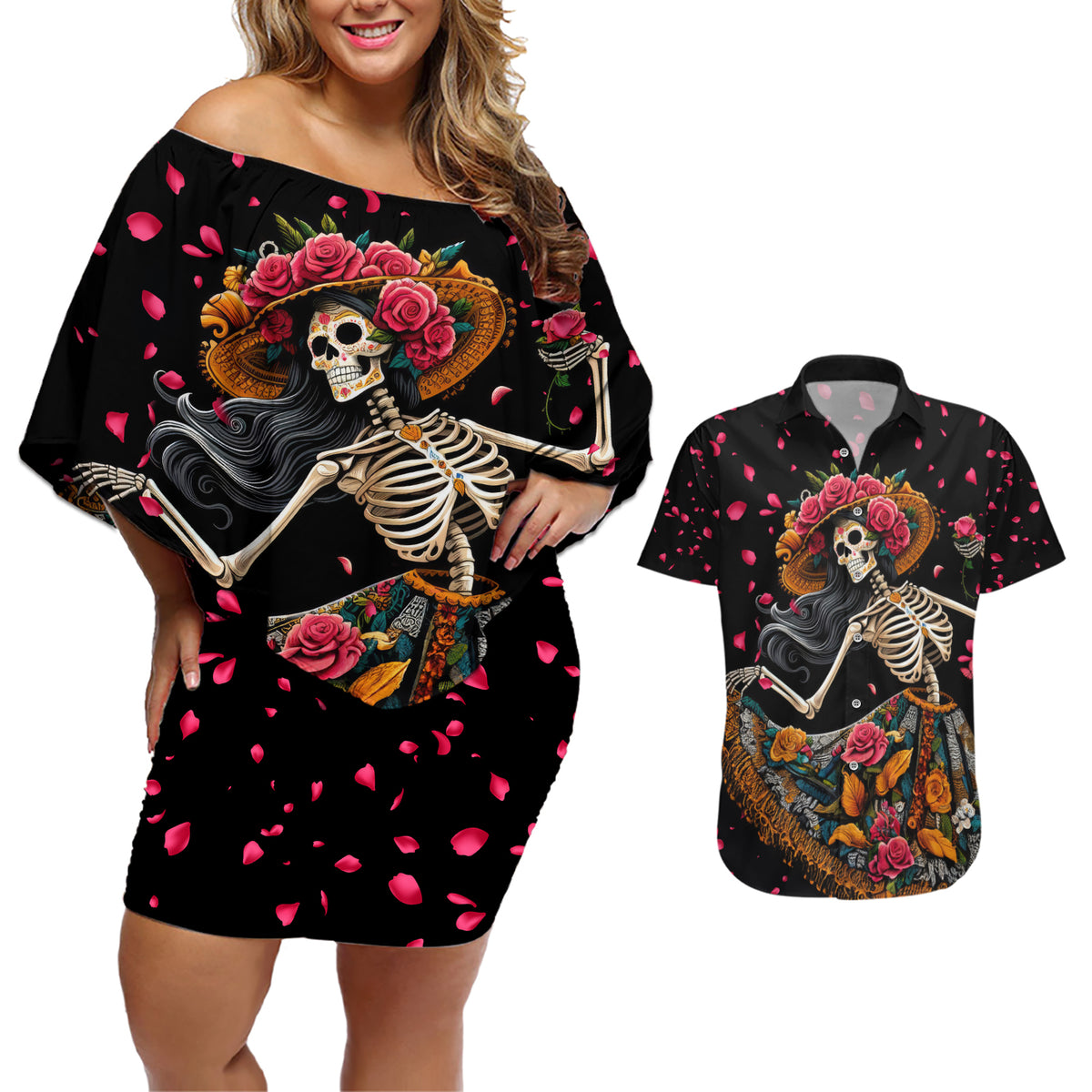 Day of Dead Lady Couples Matching Off Shoulder Short Dress and Hawaiian Shirt Sugar Skull Lady Dancing - Wonder Print Shop