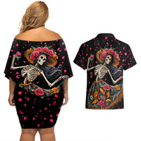 Day of Dead Lady Couples Matching Off Shoulder Short Dress and Hawaiian Shirt Sugar Skull Lady Dancing - Wonder Print Shop