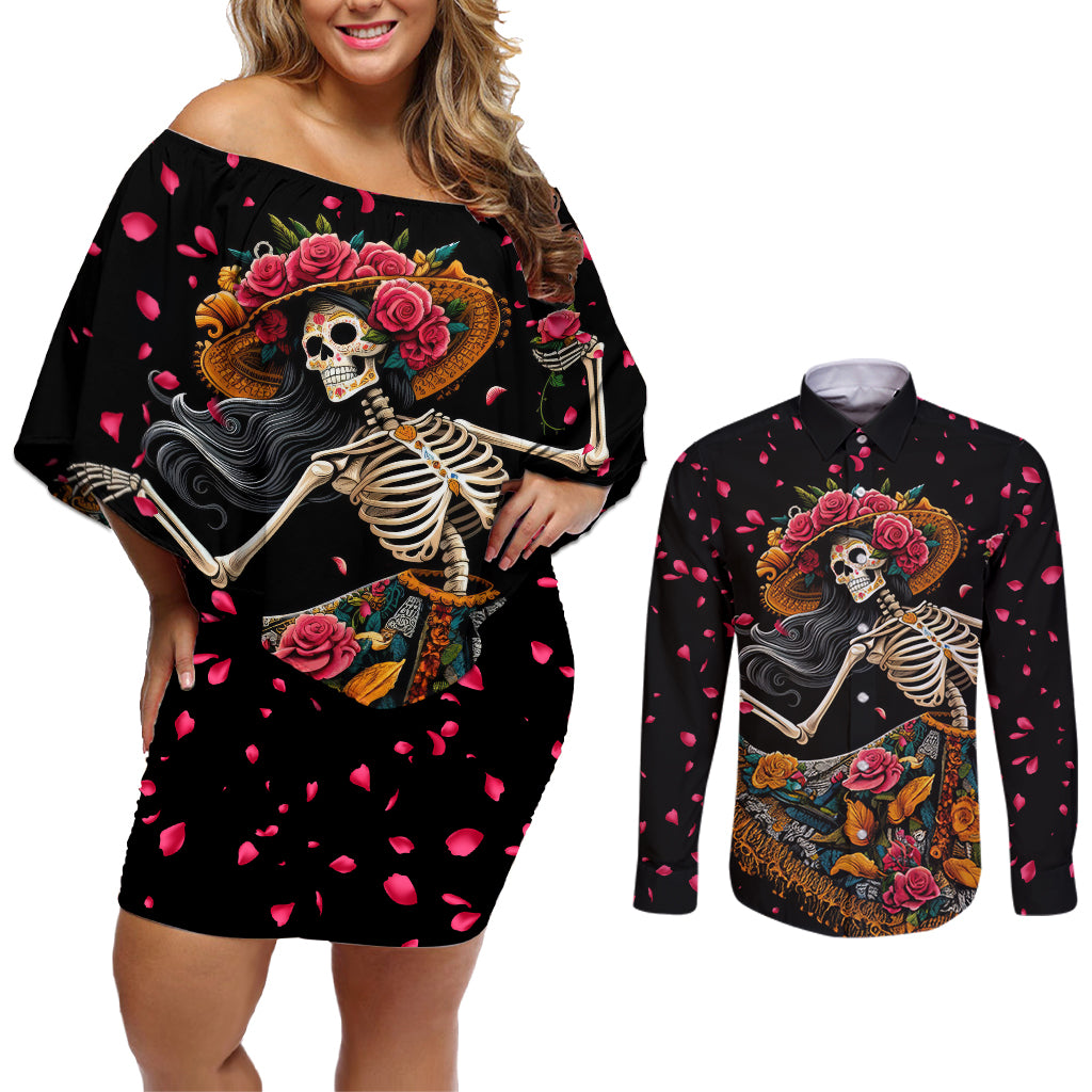 Day of Dead Lady Couples Matching Off Shoulder Short Dress and Long Sleeve Button Shirt Sugar Skull Lady Dancing - Wonder Print Shop