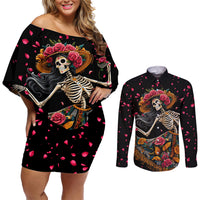 Day of Dead Lady Couples Matching Off Shoulder Short Dress and Long Sleeve Button Shirt Sugar Skull Lady Dancing - Wonder Print Shop
