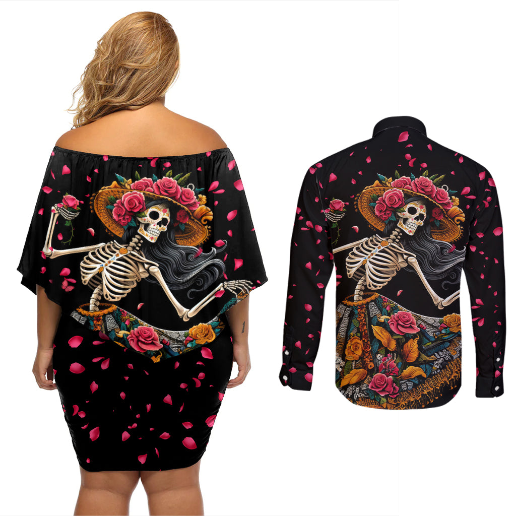 Day of Dead Lady Couples Matching Off Shoulder Short Dress and Long Sleeve Button Shirt Sugar Skull Lady Dancing - Wonder Print Shop