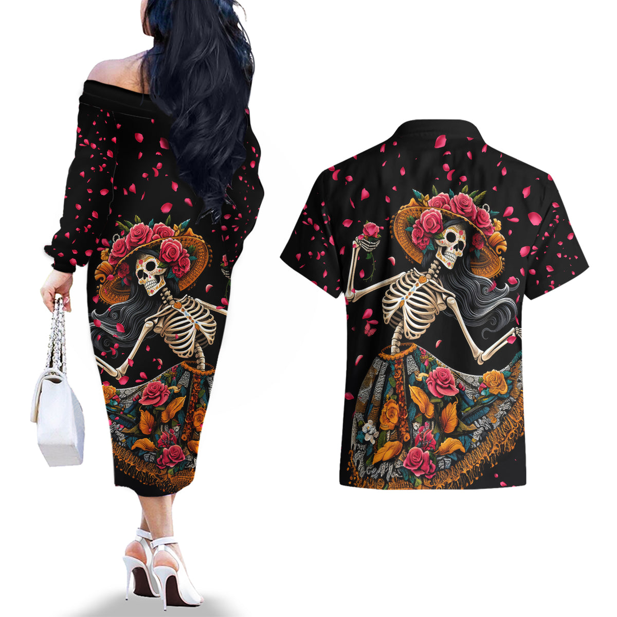 Day of Dead Lady Couples Matching Off The Shoulder Long Sleeve Dress and Hawaiian Shirt Sugar Skull Lady Dancing - Wonder Print Shop