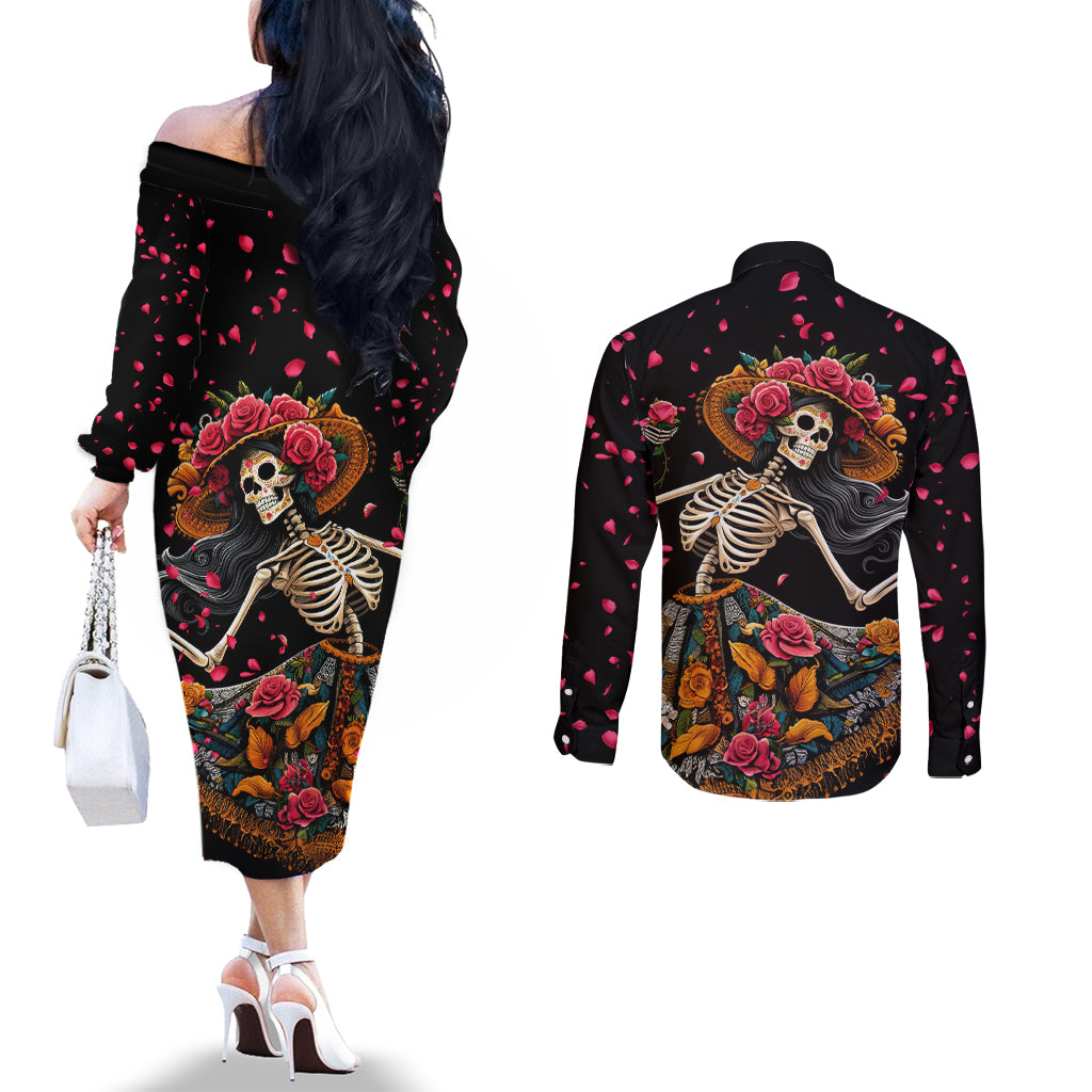 day-of-dead-lady-couples-matching-off-the-shoulder-long-sleeve-dress-and-long-sleeve-button-shirt-sugar-skull-lady-dancing