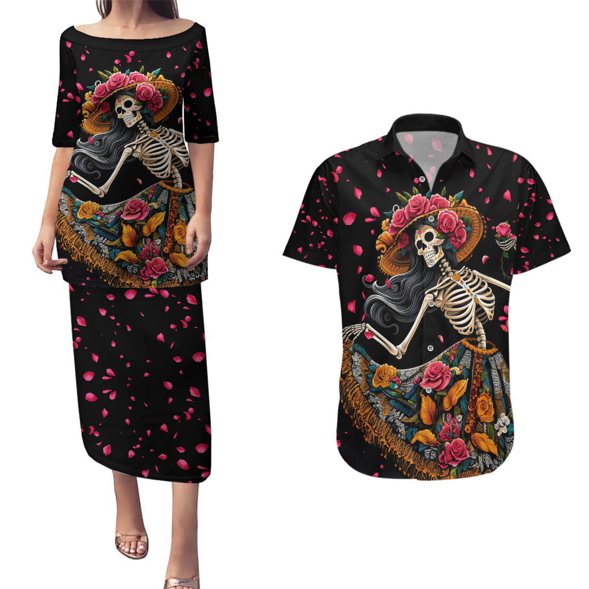 Day of Dead Lady Couples Matching Puletasi Dress and Hawaiian Shirt Sugar Skull Lady Dancing - Wonder Print Shop