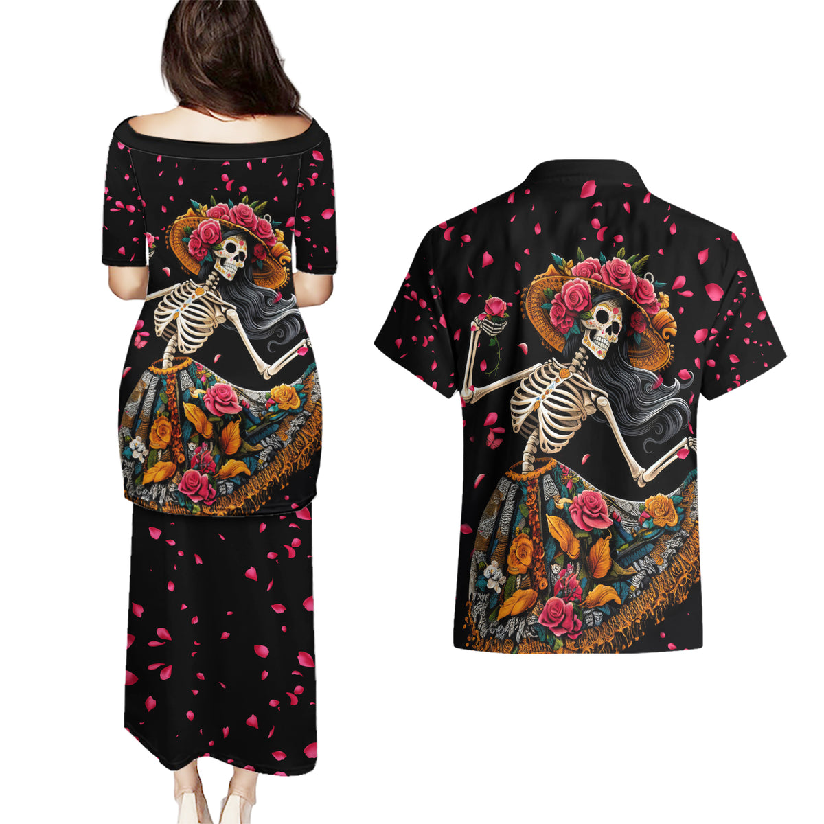 Day of Dead Lady Couples Matching Puletasi Dress and Hawaiian Shirt Sugar Skull Lady Dancing - Wonder Print Shop
