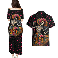 Day of Dead Lady Couples Matching Puletasi Dress and Hawaiian Shirt Sugar Skull Lady Dancing - Wonder Print Shop