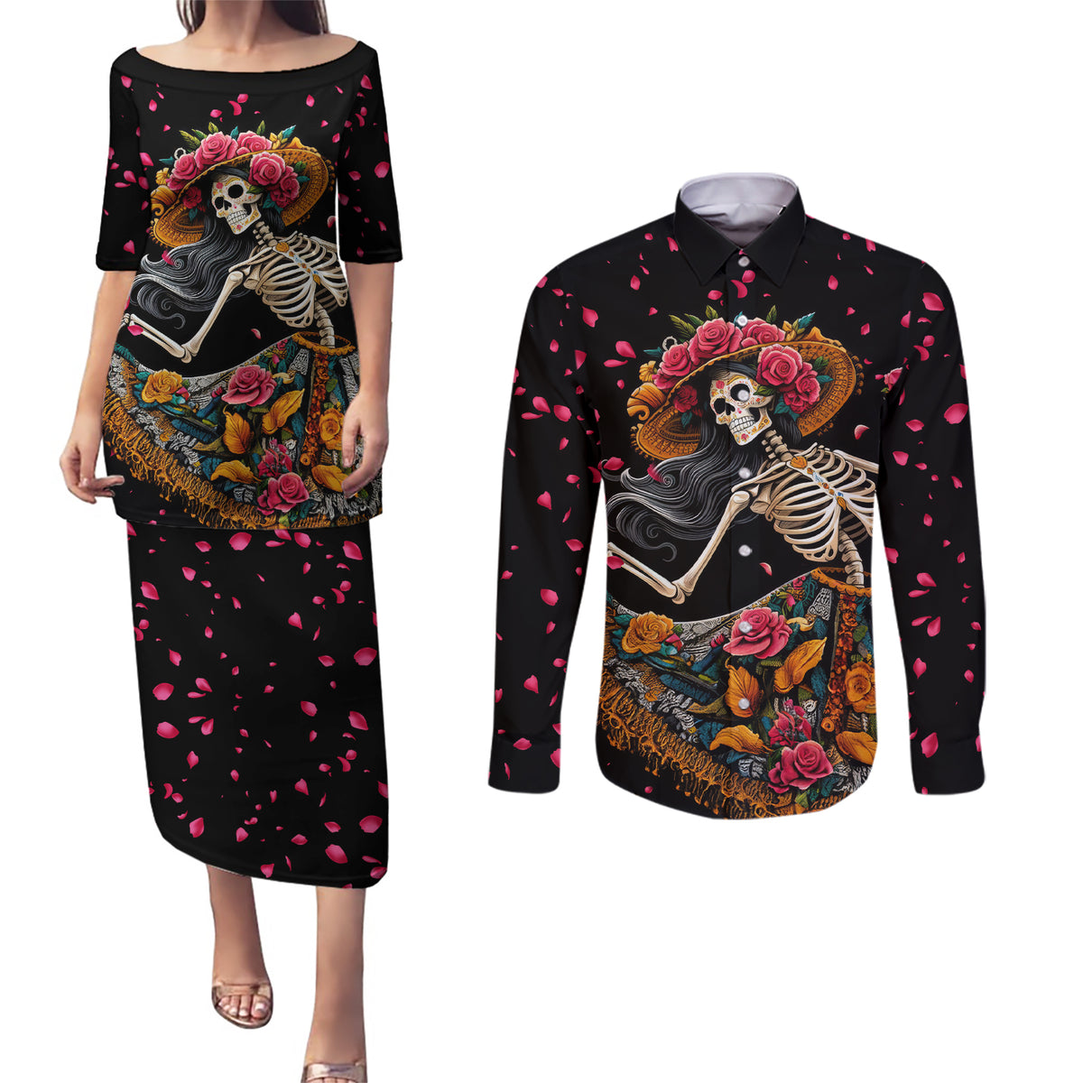 Day of Dead Lady Couples Matching Puletasi Dress and Long Sleeve Button Shirt Sugar Skull Lady Dancing - Wonder Print Shop