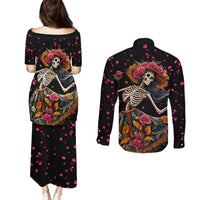 Day of Dead Lady Couples Matching Puletasi Dress and Long Sleeve Button Shirt Sugar Skull Lady Dancing - Wonder Print Shop