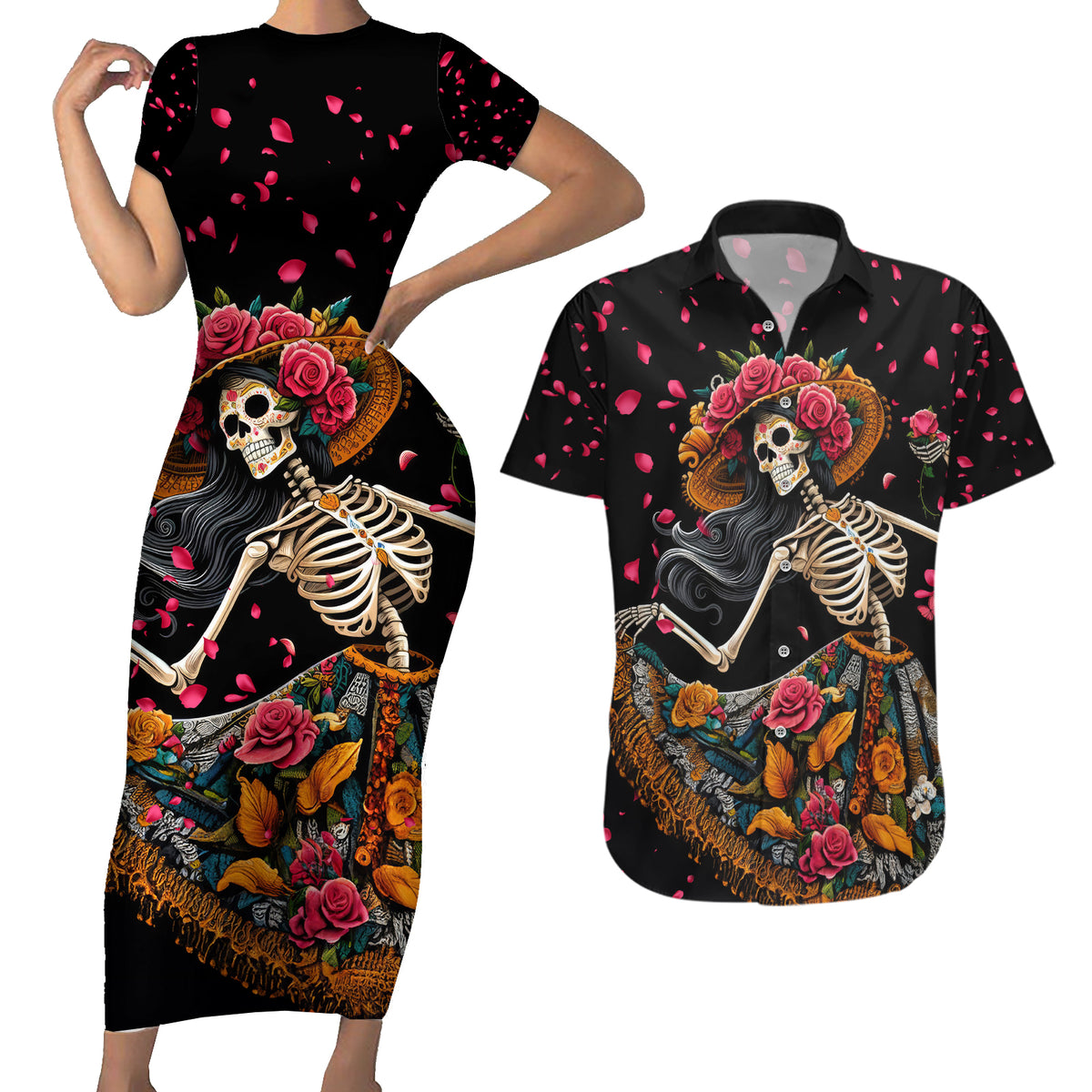 Day of Dead Lady Couples Matching Short Sleeve Bodycon Dress and Hawaiian Shirt Sugar Skull Lady Dancing - Wonder Print Shop