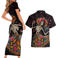 Day of Dead Lady Couples Matching Short Sleeve Bodycon Dress and Hawaiian Shirt Sugar Skull Lady Dancing - Wonder Print Shop