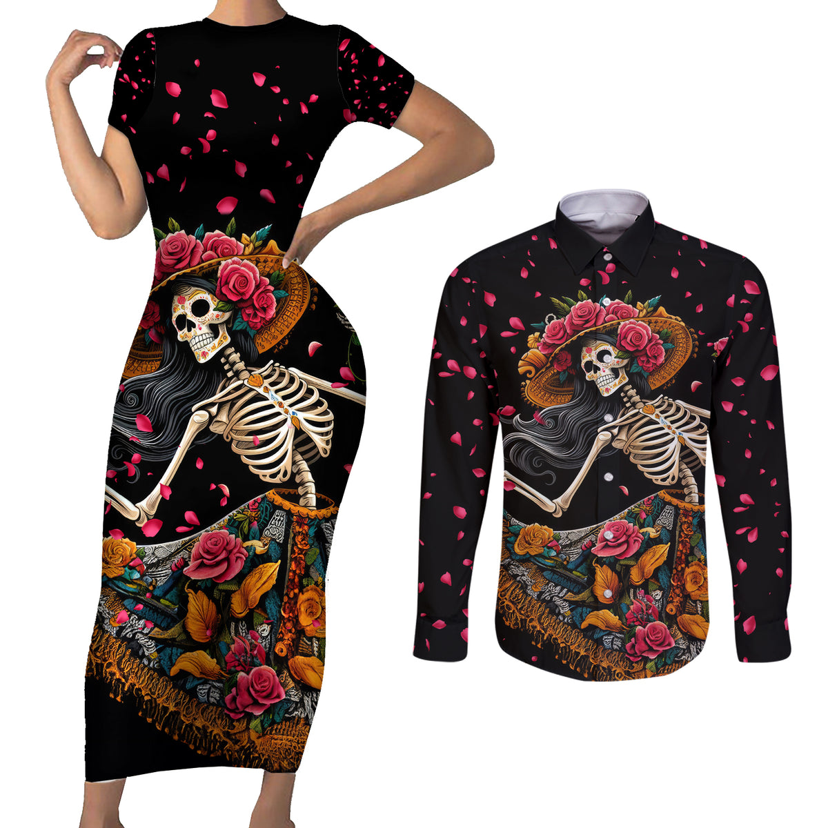 Day of Dead Lady Couples Matching Short Sleeve Bodycon Dress and Long Sleeve Button Shirt Sugar Skull Lady Dancing - Wonder Print Shop