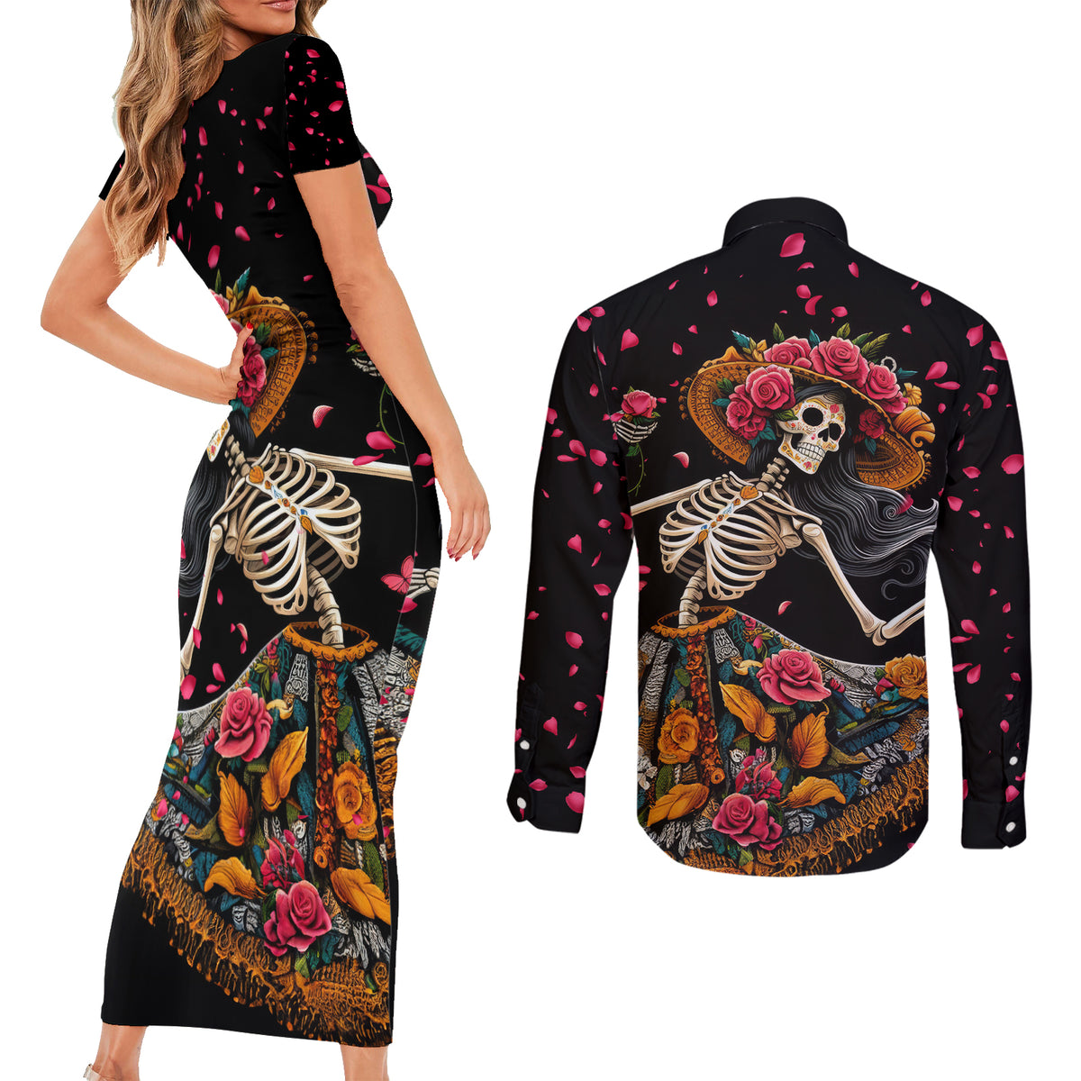 Day of Dead Lady Couples Matching Short Sleeve Bodycon Dress and Long Sleeve Button Shirt Sugar Skull Lady Dancing - Wonder Print Shop