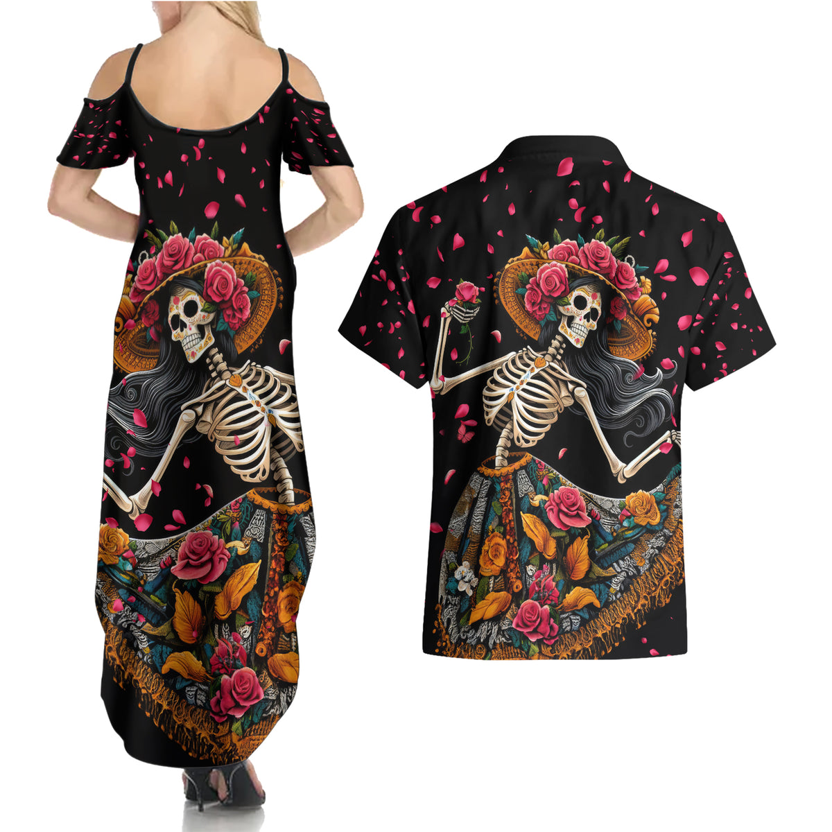 Day of Dead Lady Couples Matching Summer Maxi Dress and Hawaiian Shirt Sugar Skull Lady Dancing - Wonder Print Shop