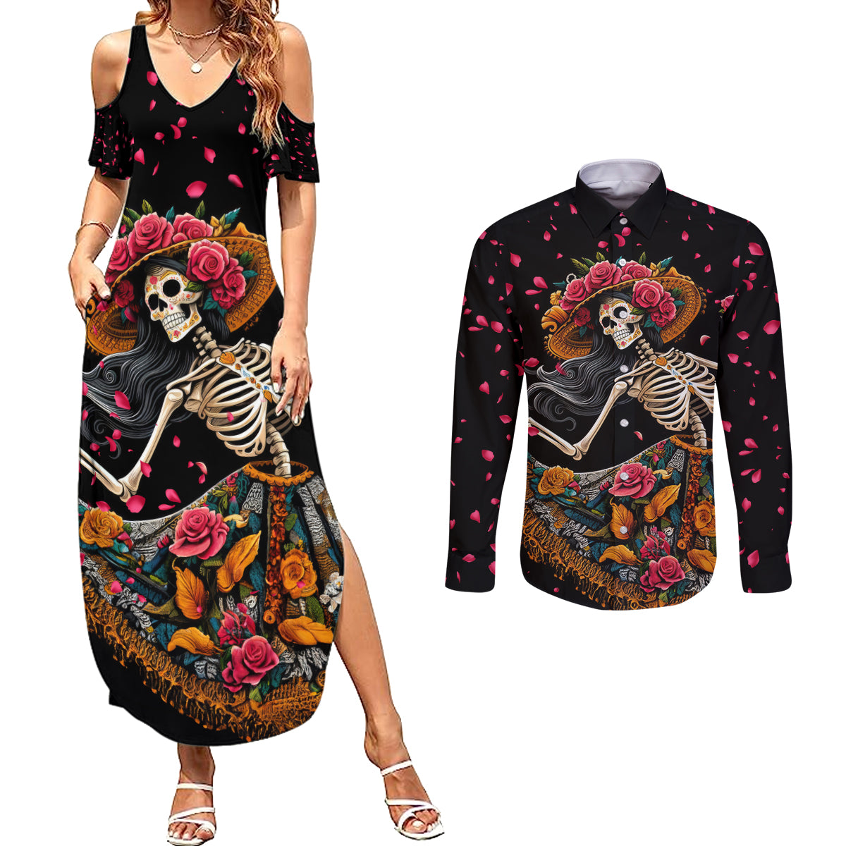 Day of Dead Lady Couples Matching Summer Maxi Dress and Long Sleeve Button Shirt Sugar Skull Lady Dancing - Wonder Print Shop