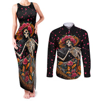 Day of Dead Lady Couples Matching Tank Maxi Dress and Long Sleeve Button Shirt Sugar Skull Lady Dancing - Wonder Print Shop