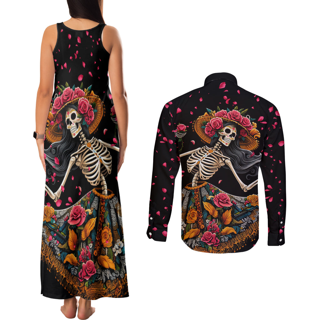 Day of Dead Lady Couples Matching Tank Maxi Dress and Long Sleeve Button Shirt Sugar Skull Lady Dancing - Wonder Print Shop