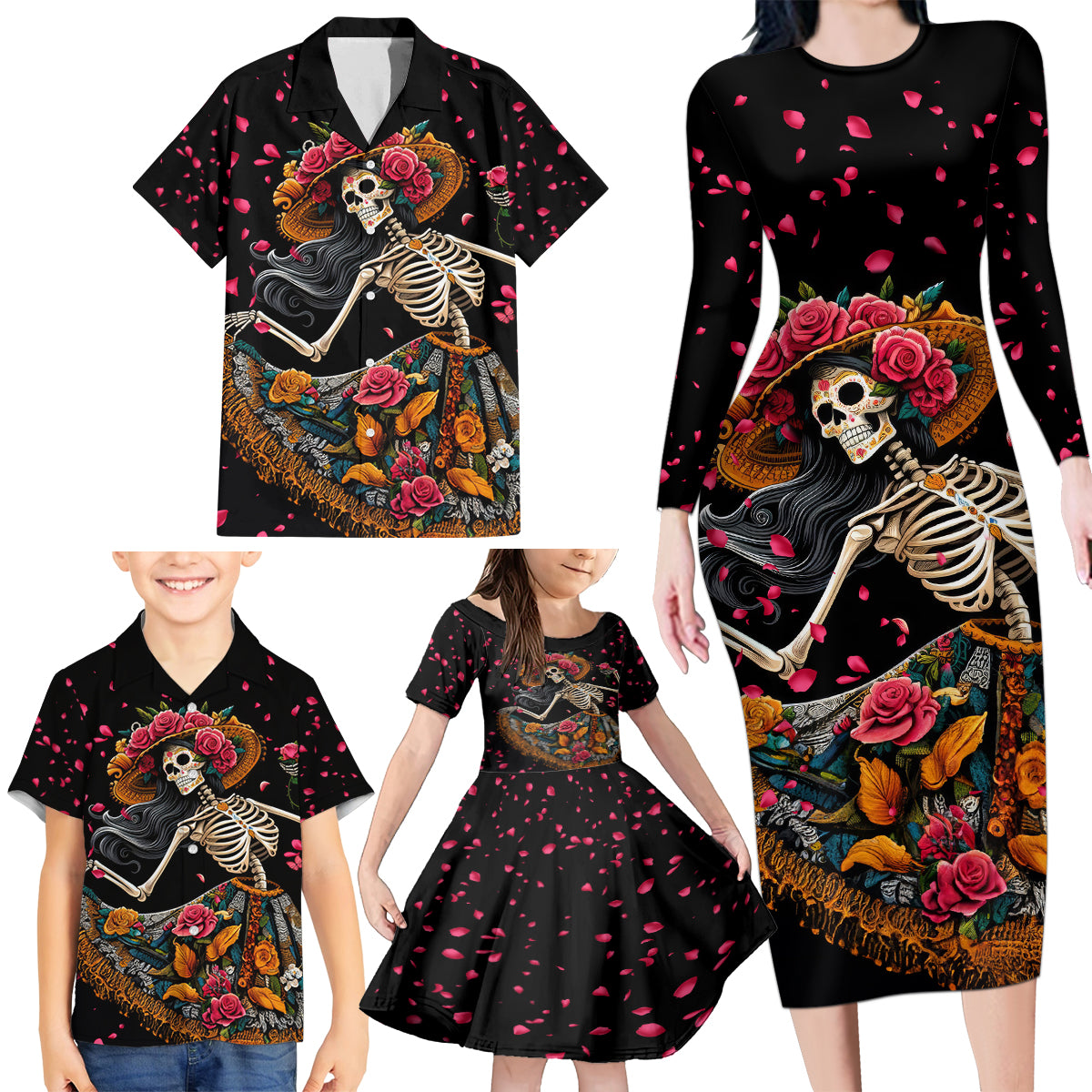 Day of Dead Lady Family Matching Long Sleeve Bodycon Dress and Hawaiian Shirt Sugar Skull Lady Dancing - Wonder Print Shop