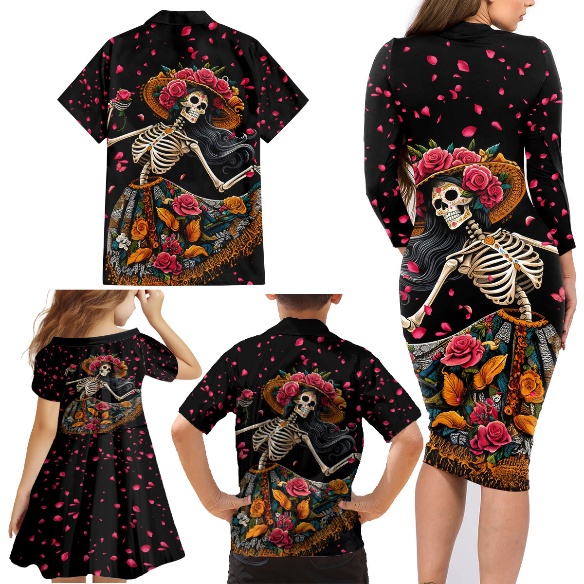 Day of Dead Lady Family Matching Long Sleeve Bodycon Dress and Hawaiian Shirt Sugar Skull Lady Dancing - Wonder Print Shop