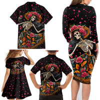 Day of Dead Lady Family Matching Long Sleeve Bodycon Dress and Hawaiian Shirt Sugar Skull Lady Dancing - Wonder Print Shop