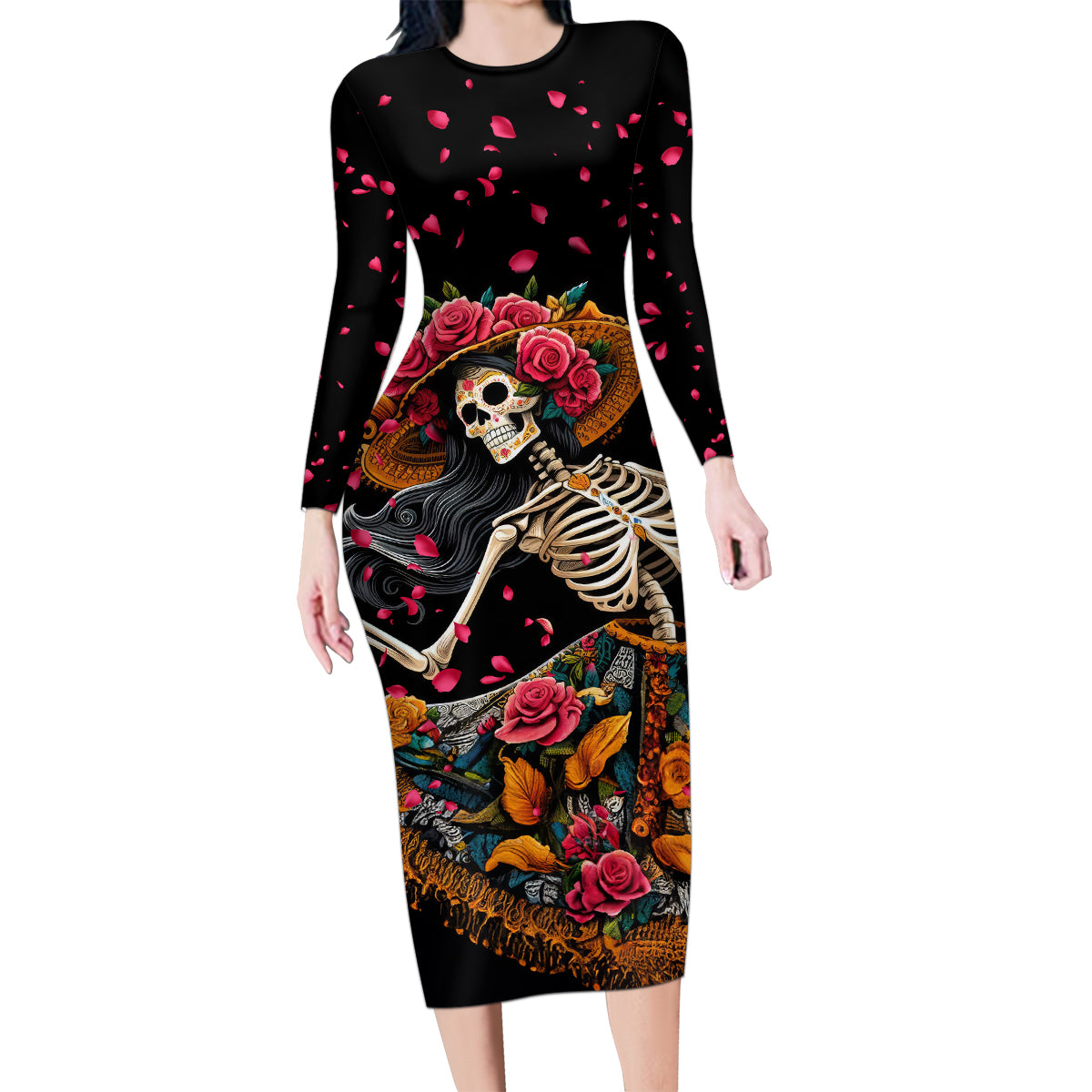 Day of Dead Lady Family Matching Long Sleeve Bodycon Dress and Hawaiian Shirt Sugar Skull Lady Dancing - Wonder Print Shop