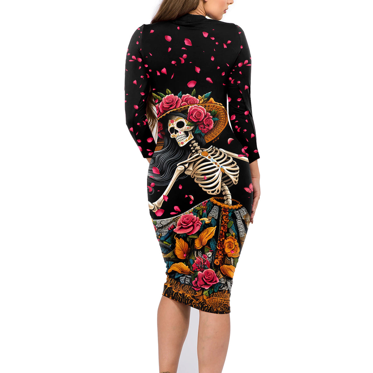 Day of Dead Lady Family Matching Long Sleeve Bodycon Dress and Hawaiian Shirt Sugar Skull Lady Dancing - Wonder Print Shop