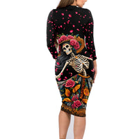 Day of Dead Lady Family Matching Long Sleeve Bodycon Dress and Hawaiian Shirt Sugar Skull Lady Dancing - Wonder Print Shop