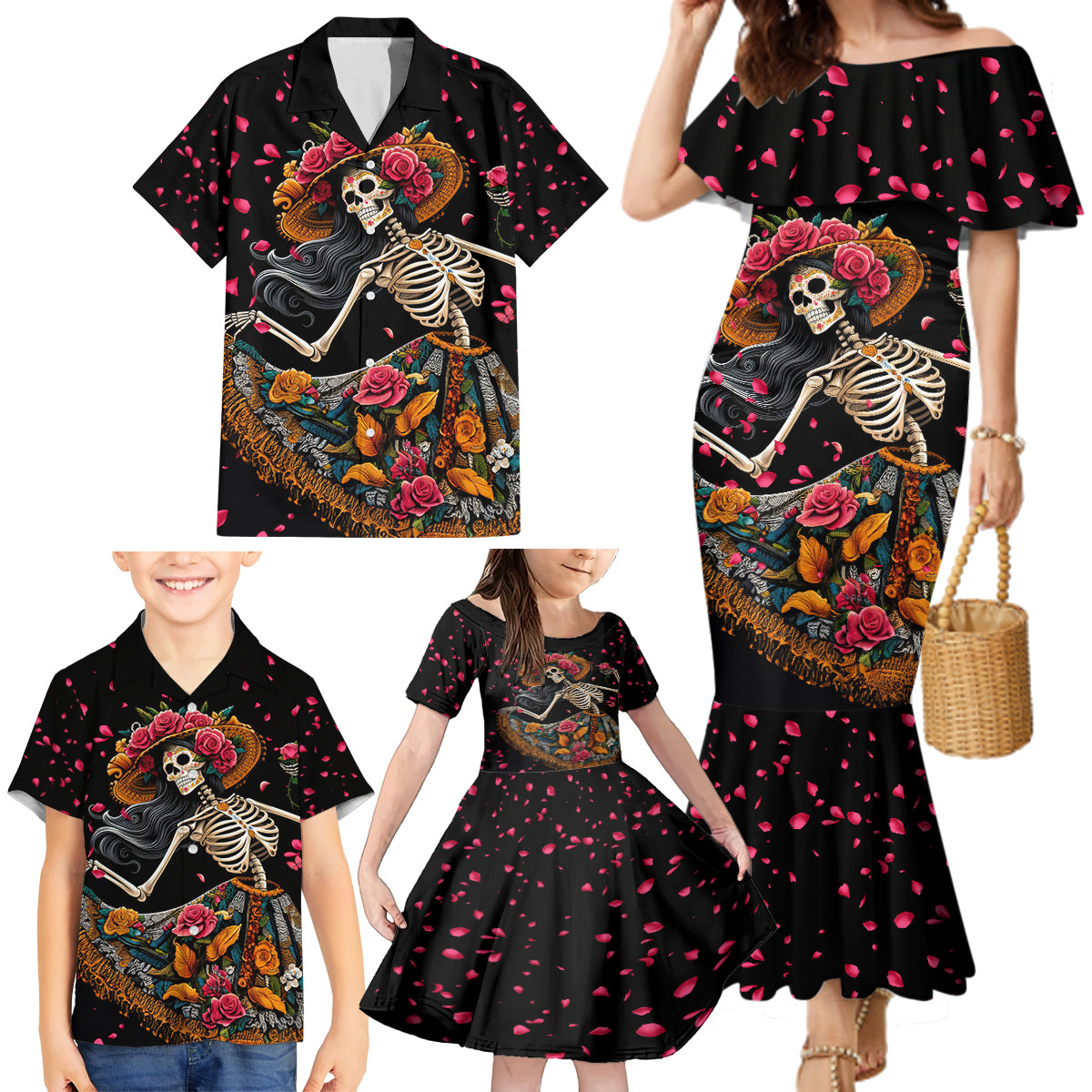 Day of Dead Lady Family Matching Mermaid Dress and Hawaiian Shirt Sugar Skull Lady Dancing - Wonder Print Shop