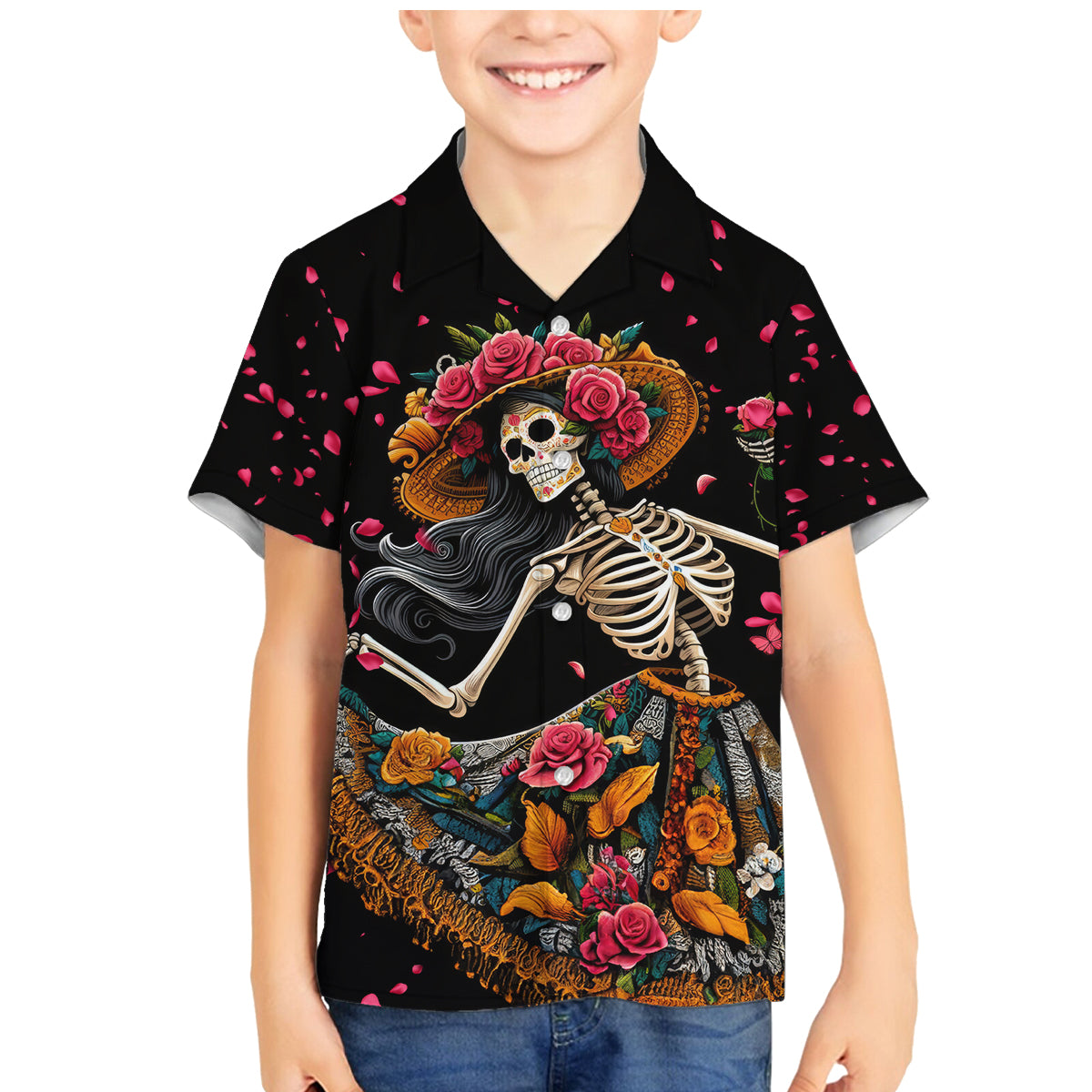 Day of Dead Lady Family Matching Mermaid Dress and Hawaiian Shirt Sugar Skull Lady Dancing - Wonder Print Shop