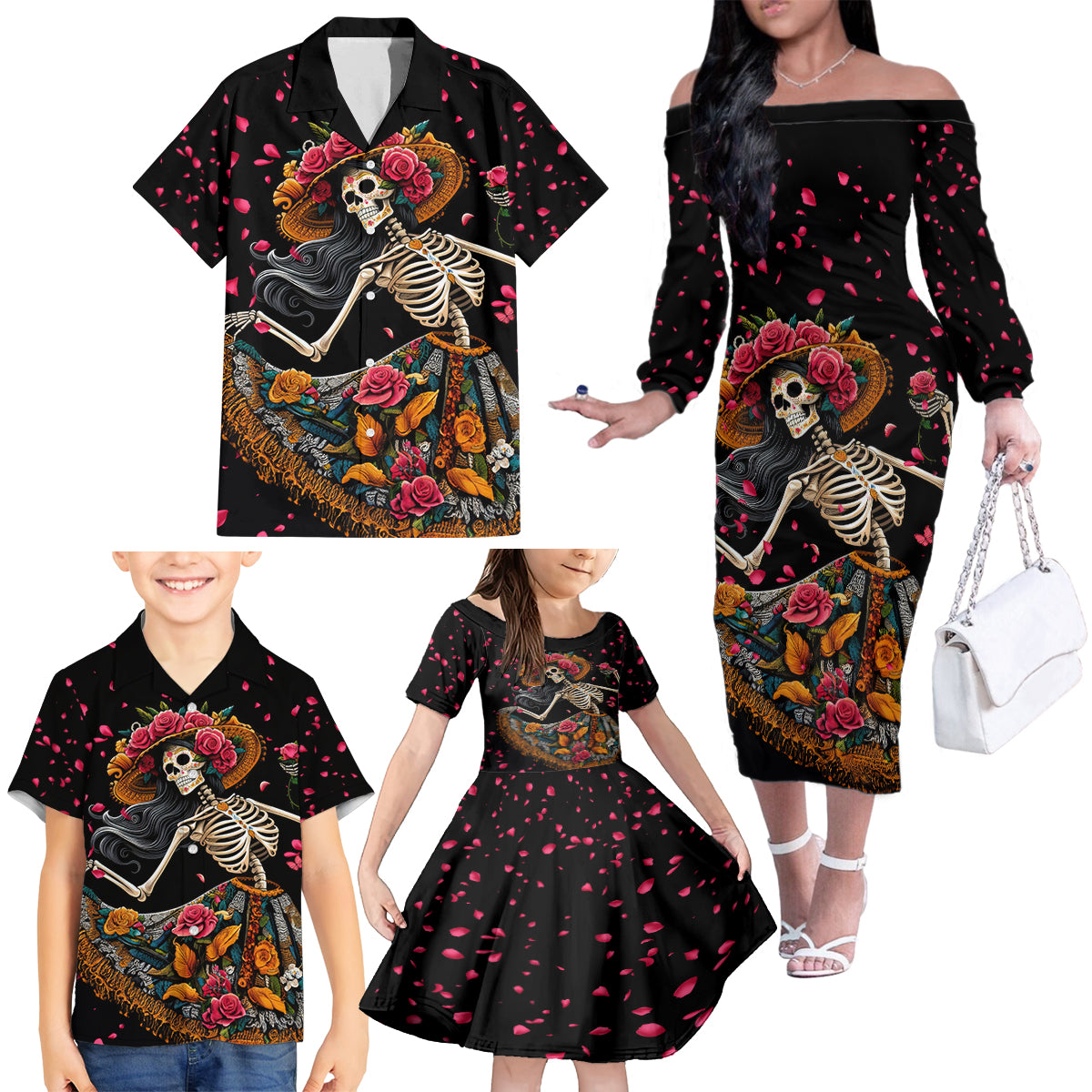 Day of Dead Lady Family Matching Off Shoulder Long Sleeve Dress and Hawaiian Shirt Sugar Skull Lady Dancing - Wonder Print Shop