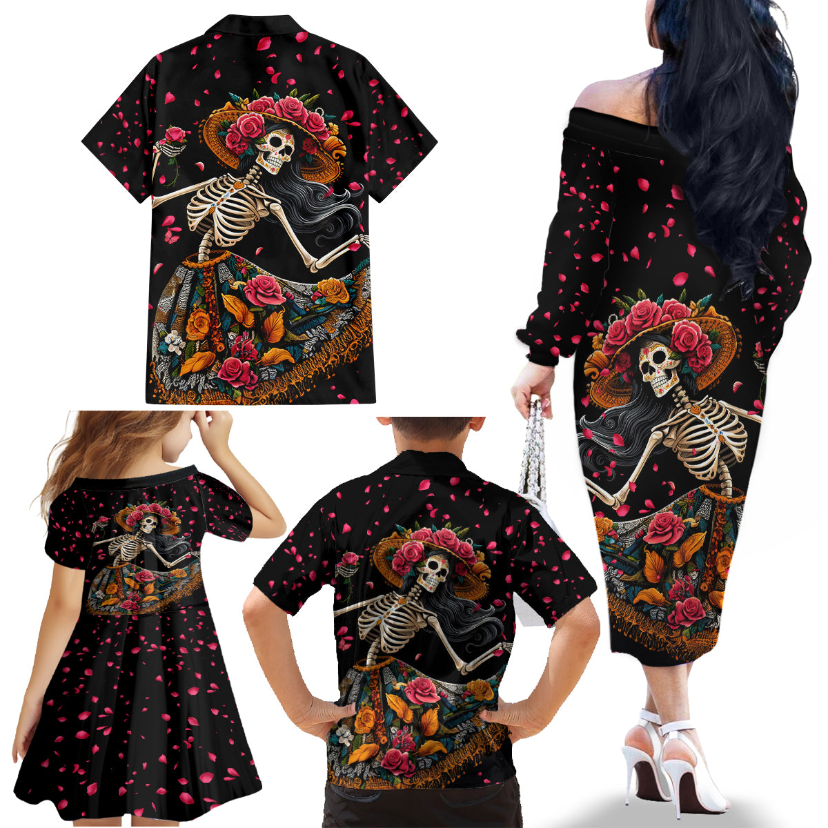 Day of Dead Lady Family Matching Off Shoulder Long Sleeve Dress and Hawaiian Shirt Sugar Skull Lady Dancing - Wonder Print Shop