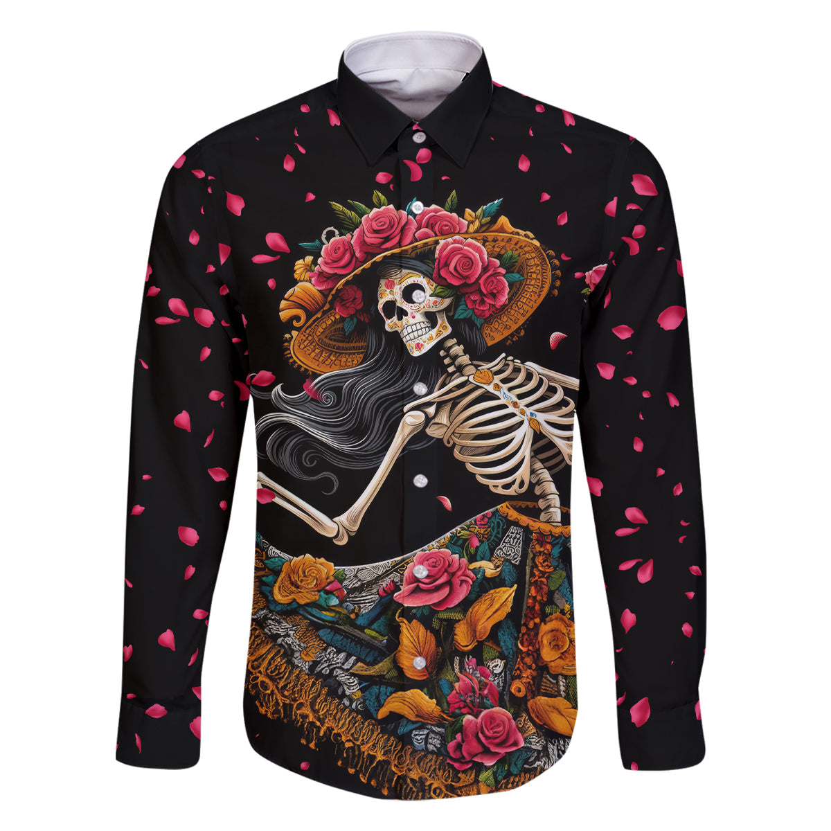 Day of Dead Lady Family Matching Off Shoulder Long Sleeve Dress and Hawaiian Shirt Sugar Skull Lady Dancing - Wonder Print Shop