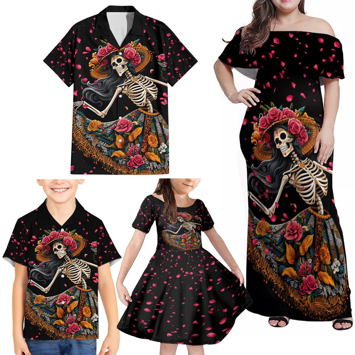 Day of Dead Lady Family Matching Off Shoulder Maxi Dress and Hawaiian Shirt Sugar Skull Lady Dancing - Wonder Print Shop